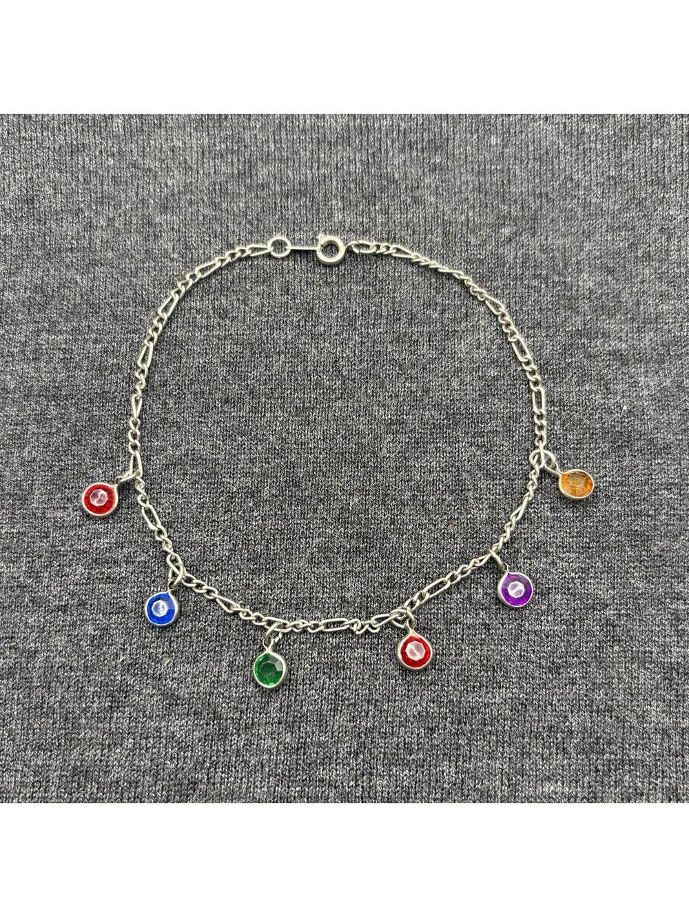 Vintage Silver Tone Anklet Multi Color Crystal Dangle Charm Ankle Bracelet